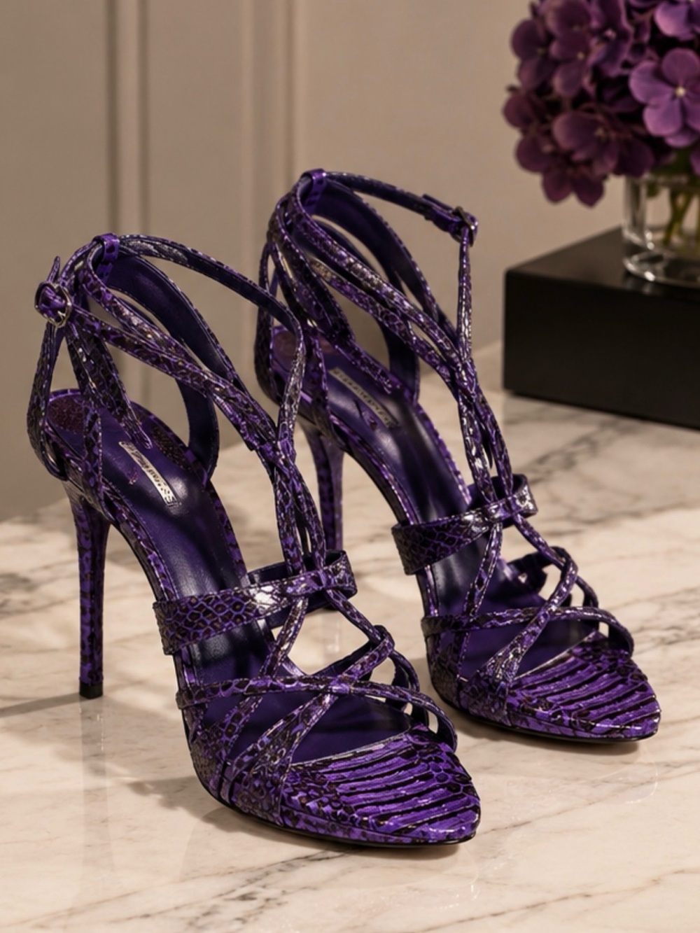 Max Studio Purple Snakeskin Strappy High Heels